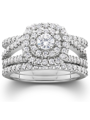 Pompeii3 1 1/4ct Diamond Engagement Cushion Halo Wedding Ring Trio Set 10k White Gold