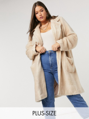 Only Curve Faux Fur Longline Coat With Pocket Detail In Cream