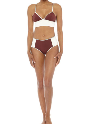 Shine Color Block Bralette Bikini Top - Rosewood Red/cream White