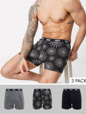 Asos Design 3 Pack Boxers In Black And Charcoal Marl With Sun Print Save