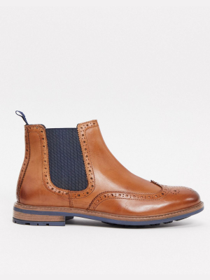 Silver Street Brogue Chelsea Boots In Tan Leather With Contrast Gusset