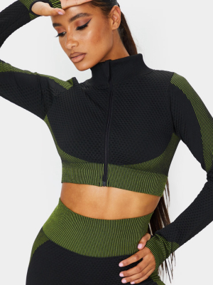 Black Multi Textured Cropped Zip Up Sports Top