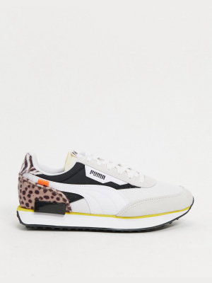 Puma Future Rider Sneakers In White And Animal Print