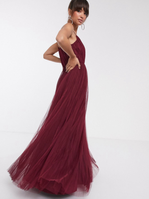 Asos Design Cami Pleated Tulle Maxi Dress In Oxblood