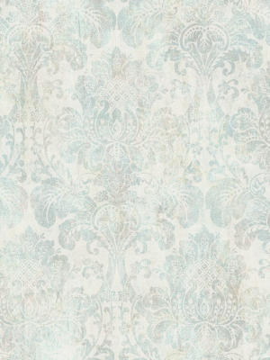 Distressed Damask Wallpaper In Vintage Blue From The Vintage Home 2 Collection By Wallquest