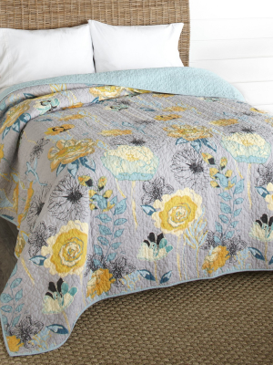 Lakeside Floral Watercolor Gray Bed Quilt With Vermicelli Stitch And Flower Accents