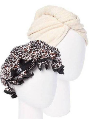 Turbie Twist Cream Microfiber Hair Towel And Leopard Shower Cap