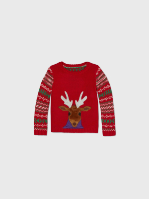 Toddler's Reindeer Christmas Family Pullover Sweater - Red