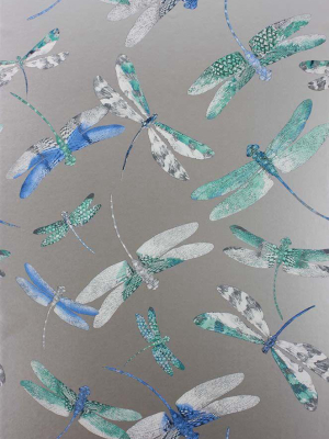 Sample Dragonfly Dance Wallpaper In Blue And Metallic Silver From The Samana Collection By Matthew Williamson