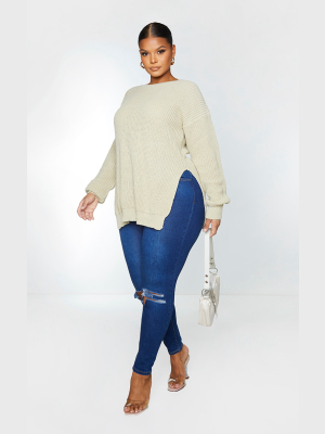 Plus Stone Round Neck Side Split Sweater