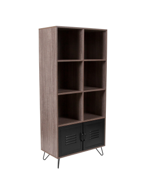 Flash Furniture Woodridge Collection 59.25"h 6 Cube Storage Organizer Bookcase With Metal Cabinet Doors And Metal Legs In Rustic Wood Grain Finish