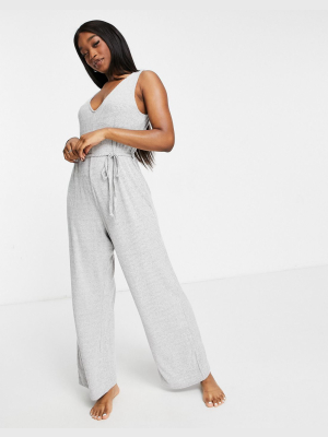 Asos Design Mix & Match Lounge Super Soft Rib Jumpsuit With Waist Tie In Gray Marl