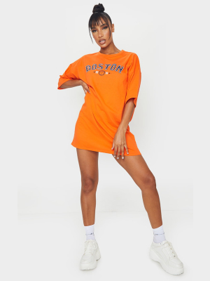 Orange Boston Slogan Oversized T Shirt Dress