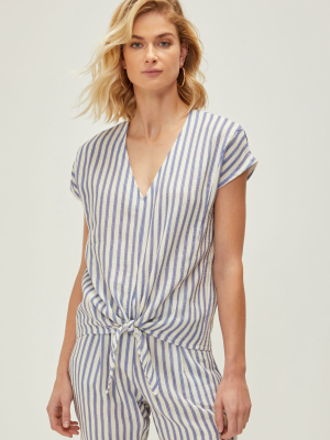 Pinstripe Tie Front Gauze Top