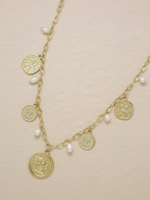 Treasure Hunter 18k Gold Plated Coin And Pearl Necklace