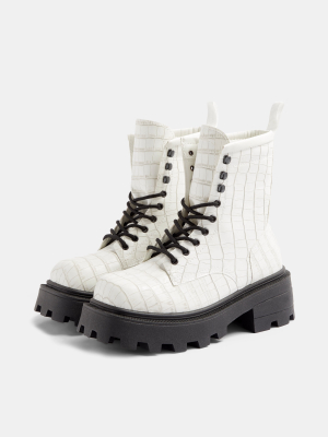 Bae White Croc Square Toe Chunky Lace Up Boots