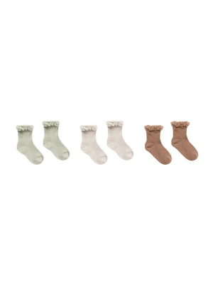 Rylee + Cru Set Of 3 Lace Trim Socks  - Sage/shell/terracotta