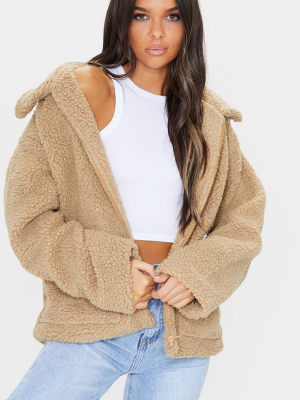 Camel Borg Zip Up Oversized Jacket