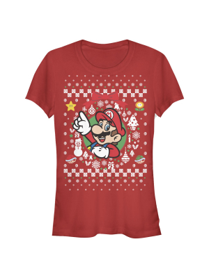 Junior's Nintendo Ugly Christmas Mario Wreath T-shirt