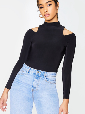 Black Slinky High Neck Cold Shoulder Bodysuit