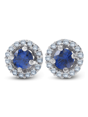 Pompeii3 1/4 Ct Halo Diamond & Blue Sapphire Studs 10k White Gold