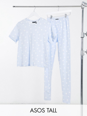 Asos Design Tall Exclusive Heart Tee And Legging Pajama Set In Dusty Blue