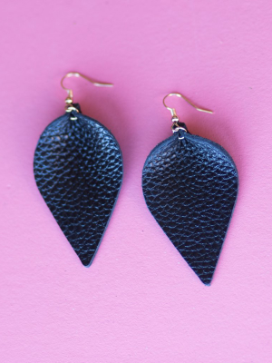 Leather Leaf Earrings- Black