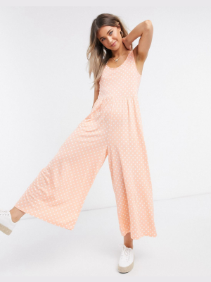 Asos Design Lounge Scoop Neck Smock Jumpsuit In Peach Spot Print