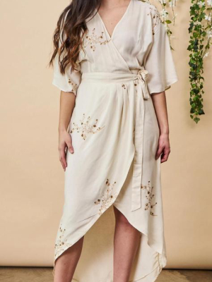 Hand Beaded Cherry Blossom Modal Maxi Wrap - Ivory + Antique Gold