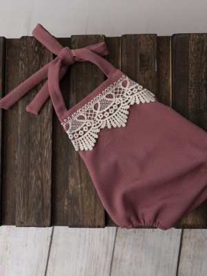 Bohemian Stitch Romper With Lace - Textured - Mauve