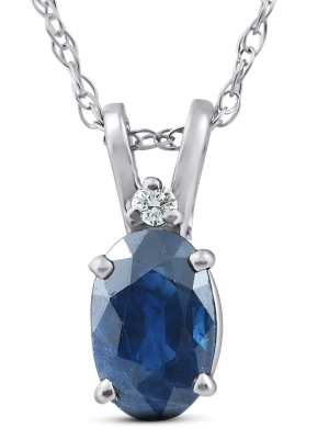 Pompeii3 Diamond & Blue Sapphire Oval Shaped Solitaire Pendant 14k White Gold & 18" Chain