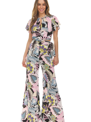 Floral Print Tie Front Blouse With Wide Leg Pant