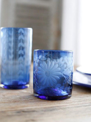 Etched Short Glass - French Blue Flower