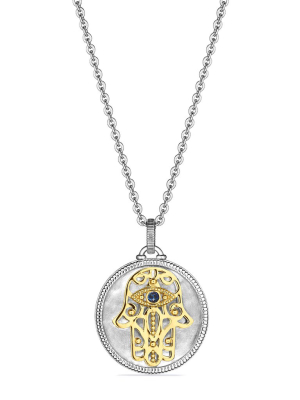 Little Luxuries Long Hamsa Medallion Necklace With Blue Sapphire, Diamonds And 18k Gold