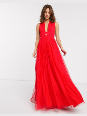 Asos Design Plunge Tiered Grecian Tulle Maxi Dress In Red