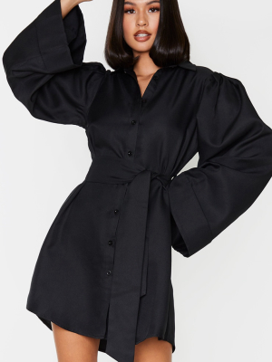 Black Flare Puff Sleeve Tie Waist Shirt Dress