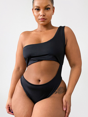 Plus Black One Shoulder Cut Out Swimsuit