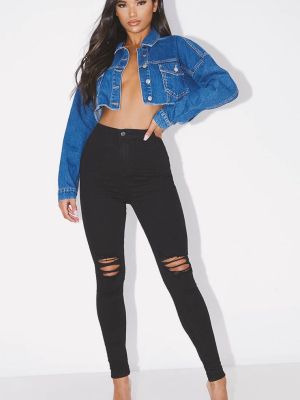 Prettylittlething Black Knee Rip Disco Skinny Jean