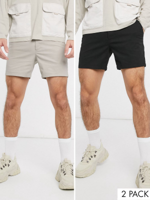 Asos Design 2 Pack Skinny Chino Shorter Shorts In Beige & Black Save