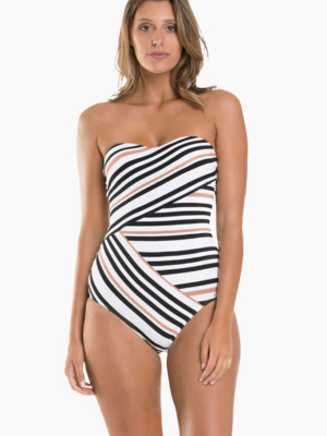 Bandeau Wrap Style One Piece Swimsuit - Black & White Stripe Print