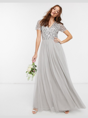 Maya Bridesmaid V Neck Maxi Dress With Tonal Delicate Sequin In Silver