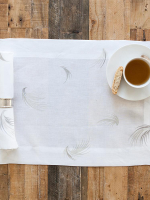 Grania White Linen Placemat With Feather Print - Set Of 4