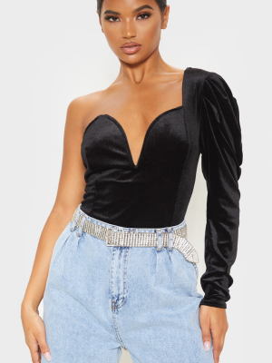 Black Velvet One Shoulder V Wire Bodysuit