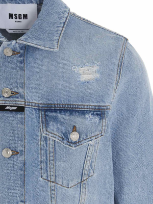 Msgm Logo Printed Distressed Denim Jacket