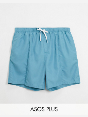Asos Design Plus Swim Shorts With Pintuck In Blue Mid Length