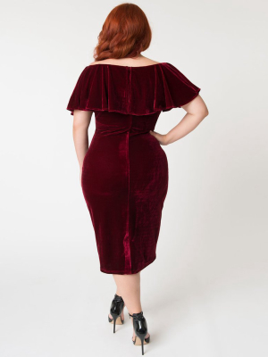 Unique Vintage Plus Size Burgundy Red Velvet Draped Sophia Wiggle Dress