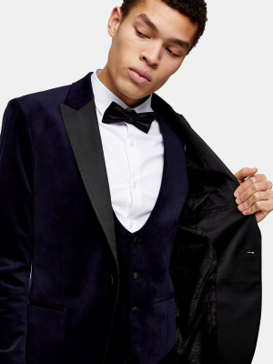 3 Piece Navy Velvet Skinny Fit Suit With Peak Lapels