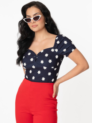 Unique Vintage Denim & Daisy Print Sweetheart Nora Top