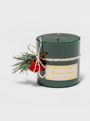 3" X 3" Ribbed Pillar Balsam Forest Candle - Threshold™