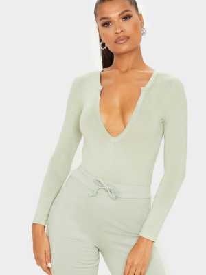 Sage Khaki Basic Plunge Long Sleeve Bodysuit